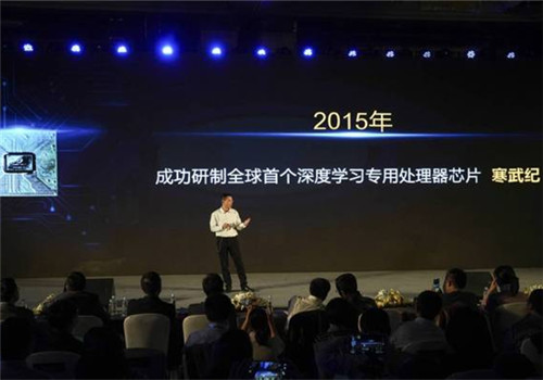Cambricon CEO Chen Tianshi introduces the company's AI chip on Nov 6, 2017. [Photo provided to chinadaily.com.cn]