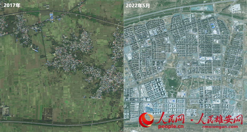 Since the beginning of October 2021, 939 resettlement buildings have been delivered in Rongdong District in Xiongan New Area in a series of phases. So far, nearly 60,000 residents who were relocated have settled in their new homes in Rongdong District.The left part of the combo  photo, which was taken by a satellite, shows Rongdong in 2017, while the right part shows Rongdong in May 2022.